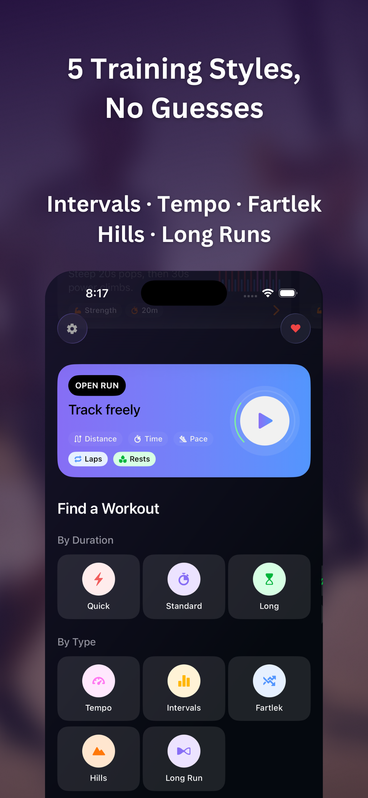 Browse workouts by type and duration