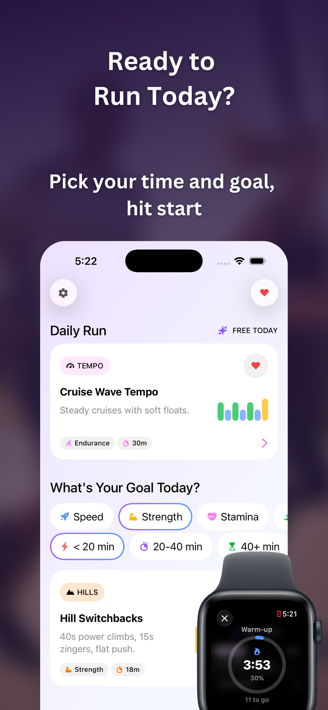 Daily Run screen with goal and duration filters
