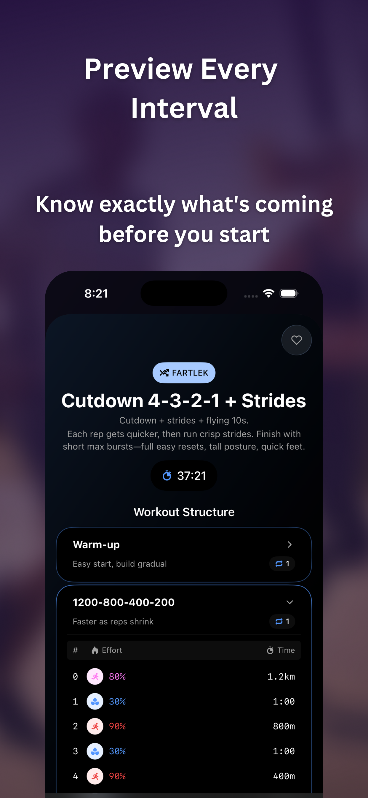 Workout structure with effort levels and distances